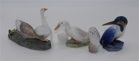 Royal Copenhagen group figure of geese, snowy owl, woodpecker, duck